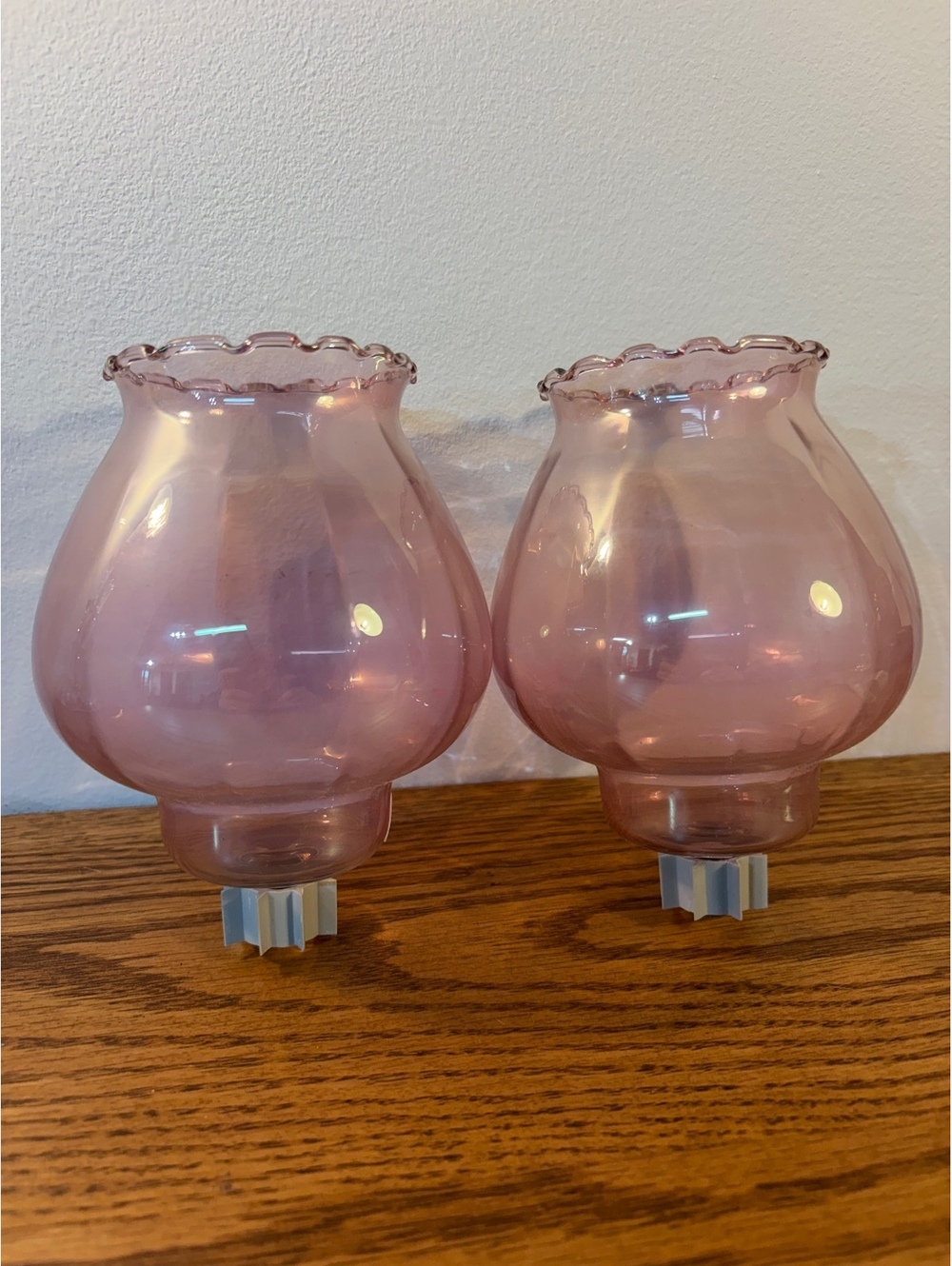 Vintage Homco Celeste Pink Glass Peg Votive Candle Holders Pair Tulip Sconce